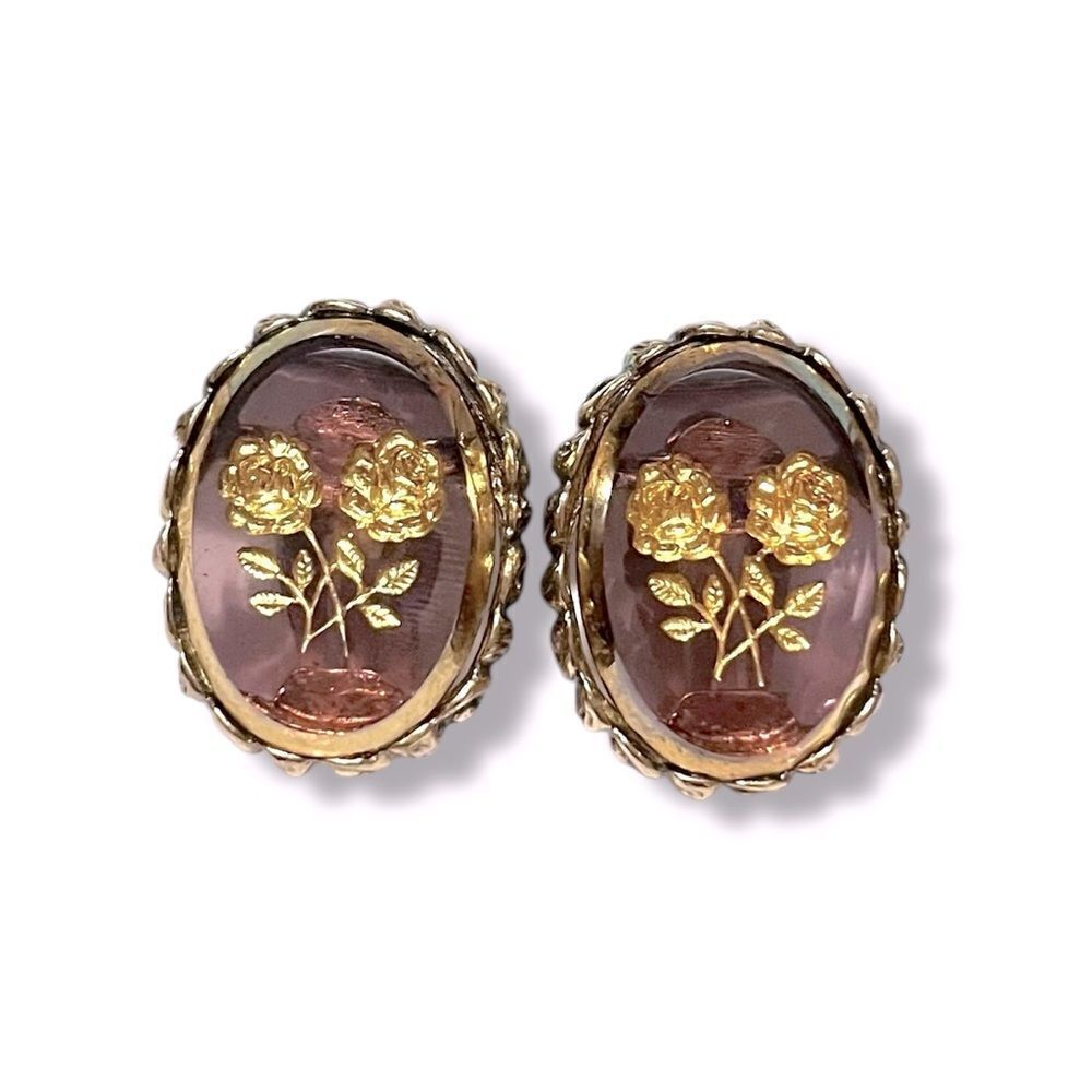 Vintage Whiting & Davis Rose Floral Glass Intaglio Clip Earrings
